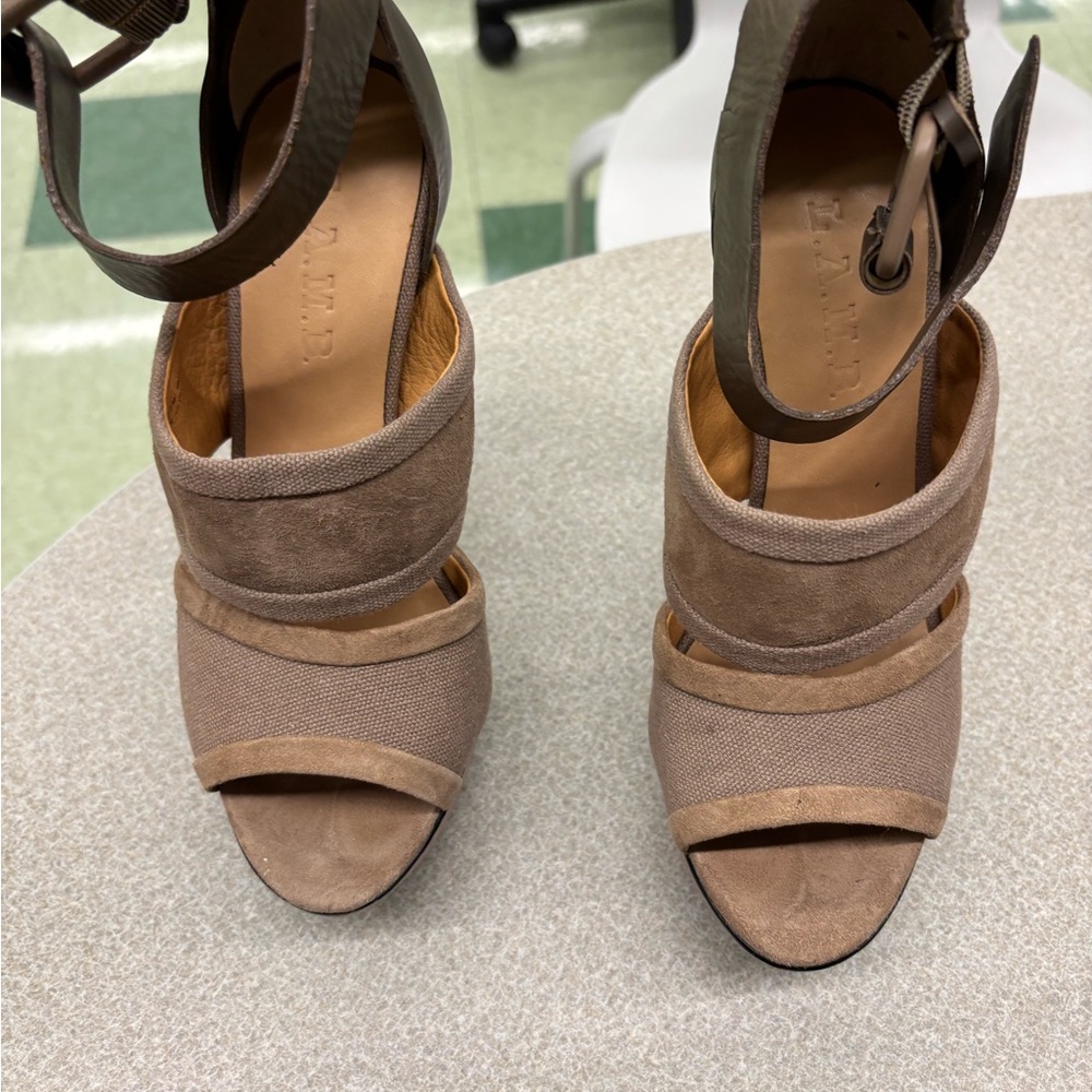 L.A.M.B. Taupe Strappy Heels, Sz 5.5